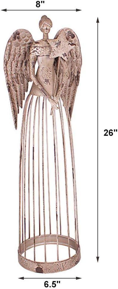Antiqued Metal Garden Angel Statue with Star Wand, Indoor Outdoor Angel Yard Art Decor Lawn Patio Decorations Holiday Decor Garden Present Idea, 26"H (Star Wand)