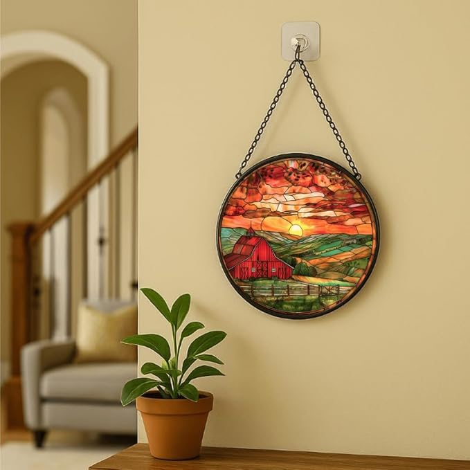 Stained Glass Window Hanging - 11.8in Barn Farmhouse at Sunset Sun Catchers Indoor Stained Glass Panels Wall Decor for Mom，Wife，Lovers，Festive