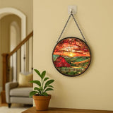 Stained Glass Window Hanging - 6.3in Barn Farmhouse at Sunset Sun Catchers Indoor Stained Glass Panels Wall Decor for Mom，Wife，Lovers，Festive