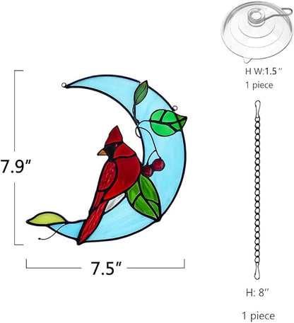 Cardinal Birds Decor Stained Glass Suncatcher,Red Cardinal Memorial Gifts for Mother,Stained Glass Birds Window Hangings Moon Decor,Bird Gifts for Bird Lovers Women Grandma