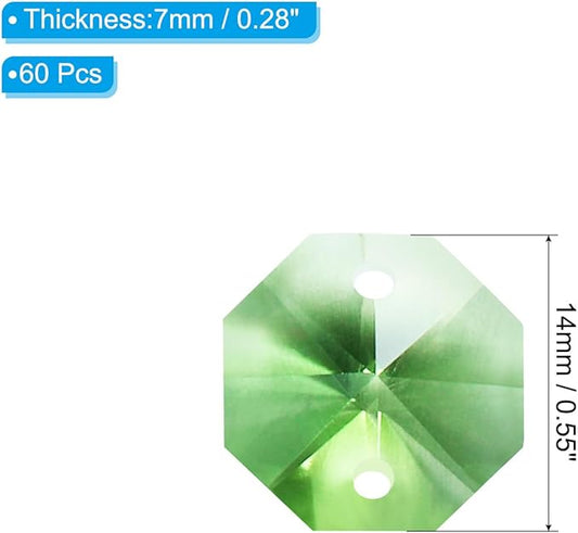 PATIKIL K9 Crystal Octagon Beads 2 Holes Pendants, 60 Pack 14mm Chandelier Prisms Parts Ornaments Hanging Beads for DIY Arts Crafts Decoration, Light Green