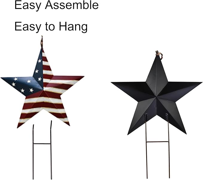 Metal Star Barn Yard Sign Garden Stake Decor for 4th of July, American Flag Patriotic Star Yard Stake Lawn Ornament Independence Day Memorial Day Outdoor Decorations (2, 27.5"H A)