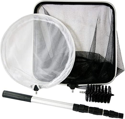 Koi Fish Pond & Water Garden Care Set with Telescoping Adjustable Pole, Pond Cleaning Care Kit, 4-in-1 Net Set Includes Scrubbing Brush, Skimming Net & Fish Catching Net with 6 FT Telescopic Pole