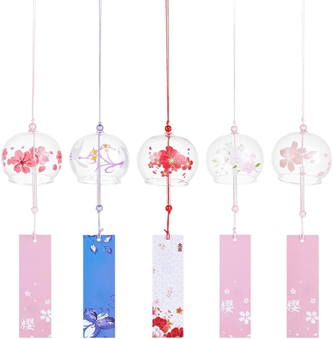 OLYCRAFT 5pcs 5 Styles Japanese Wind Chimes Cherry Blossom Theme Handcrafted Glass Wind Bells Glass Wind Bells Creative Hanging Pendants for Home Garden Wedding Indoor Outdoor Decoration
