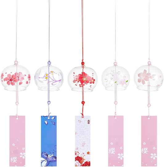 OLYCRAFT 5pcs 5 Styles Japanese Wind Chimes Cherry Blossom Theme Handcrafted Glass Wind Bells Glass Wind Bells Creative Hanging Pendants for Home Garden Wedding Indoor Outdoor Decoration