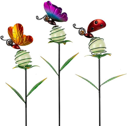 Stargarden Decorative Garden Stakes, 3 Pack Colorful Metal Garden Stakes, Luminous Butterfly Insect Metal Yard Art, Waterproof Garden Decor for Indoor, Outdoor
