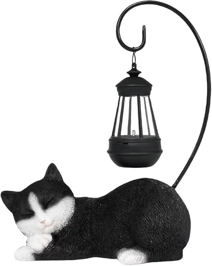Solar Garden Statue with LED Lights - Cute Sleep Cat Sculpture, Waterproof Resin Ornament for Lawn, Patio, Yard, Balcony & Home Decor, Solar Powered Light for Outdoor and Indoor Spaces