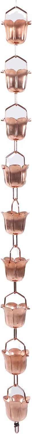 Morning Glory Copper Rain Chain 9 Flower Cups Decorative Rain Catcher for Gutter with Purple Copper Material Easy to Install Adjustable Length 1m