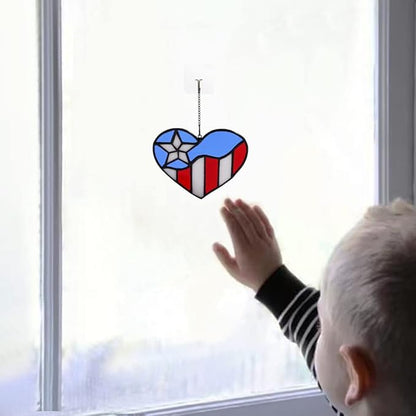 American Flag Heart Ornament, Tiffany Style Stained Glass Window Hanging, Patriotic Decor, Birthday Gift for Veteran, Men Father Grandpa Grandma