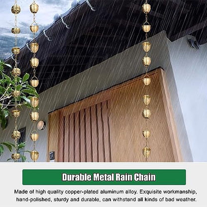 Decorative Rain Chains Waterfall, Hanging Rain Chain Aluminum, Decorative Water Catcher Copper-Plated Cup, Heavy Rain Water Chain for Outside Downspout Gutter, Garden Gift (A 3.2m/9.8 ft)