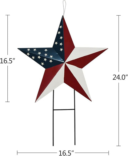 Metal Barn Star Yard Sign Patriotic Garden Stakes Hanging Ornament with Stake Outdoor 4th of July Lawn Decoration Party Supplies USA Flag Decor for Independence Day Memorial Day (H)