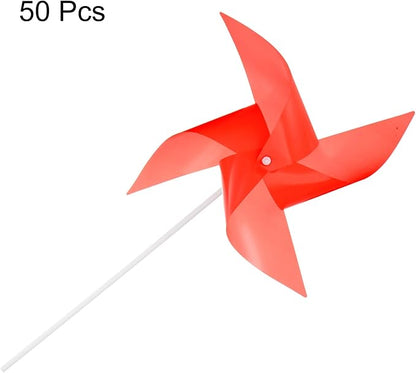 HARFINGTON 50pcs Windmills for The Yard Garden 17" x 11" 4 Leaves Pinwheels Wind Mills Spinners Windproof Waterproof Bird Devices with Stakes for Patio Decor, Red