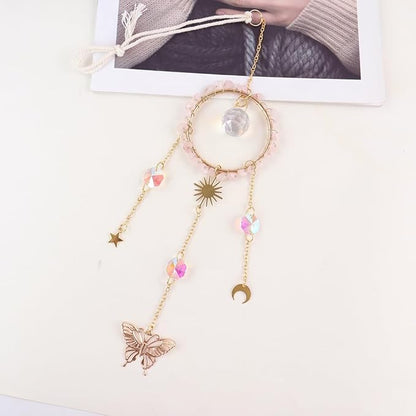 Crystal Sun Catcher, Natural Rose Quartz Crystal Suncatcher Hanging for Indoor Window, Dream Catchers for Car, Spiritual, Rainbow Maker