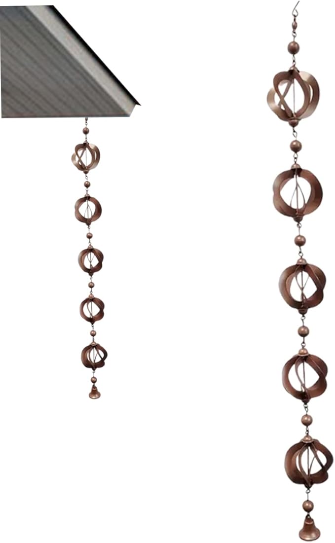 SamFansar 42.52 Inch Hanging Rain,Chain Rotating Fretwork Beads with Bell Rain Catcher for Gutters,Metal Drainage Rain Chain Pendant Downspout Tool for Outside, Decorative Your House and Garden Brown