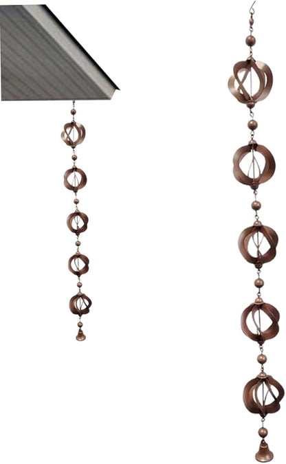 SamFansar 42.52 Inch Hanging Rain,Chain Rotating Fretwork Beads with Bell Rain Catcher for Gutters,Metal Drainage Rain Chain Pendant Downspout Tool for Outside, Decorative Your House and Garden Brown