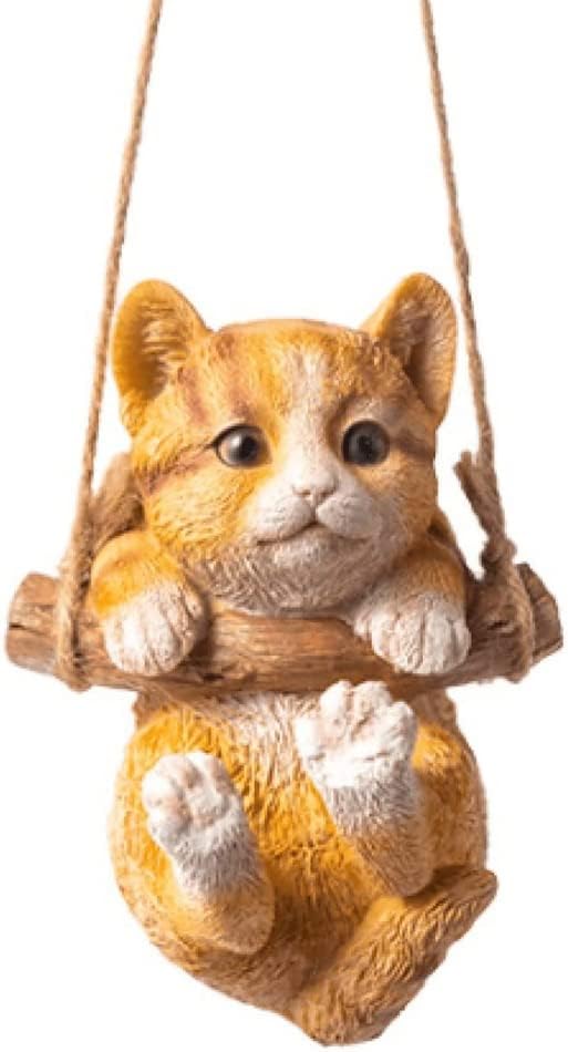 HYFAN Resin Cute Swing Small Cat Sculpture Outdoor Garden Home Office Room Hanging Decor Statue Figurine Pet Ornament Decoration with String (Orange)