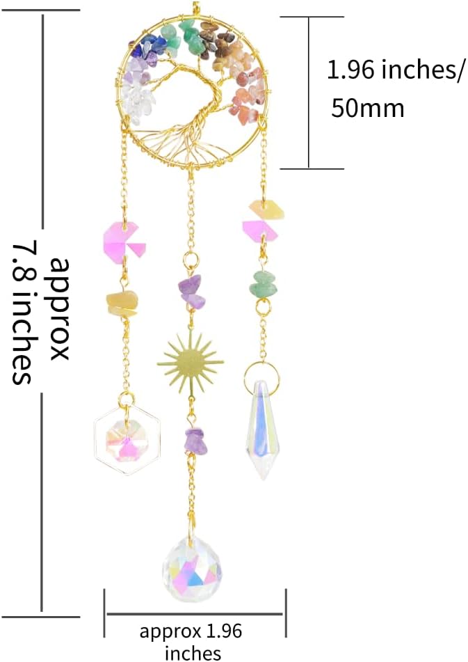 Crystal Sun Catcher, 7 Chakra Tree of Life Crystal Suncatcher Hanging for Indoor Window, Dream Catchers for Car, Spiritual, Rainbow Maker, Garden Home Decor