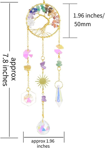 Crystal Sun Catcher, 7 Chakra Tree of Life Crystal Suncatcher Hanging for Indoor Window, Dream Catchers for Car, Spiritual, Rainbow Maker, Garden Home Decor