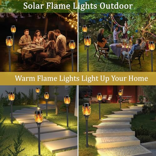 Solar Flame Torch Lights - Flickering LED, Waterproof, Black (6 Pack)