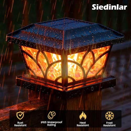 Solar Post Cap Lights - Flickering Flame, 4 Modes, 6 Pack (Black)