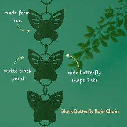Black Rain Chains for Gutters, Butterfly Rain Chain, Butterfly Garden Decor, 7.5 feet Long