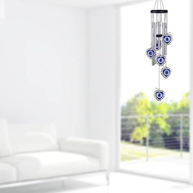 Blue Evil Eye Heart-Shaped Wind Chimes Outdoor Decor, Mobile Evil Eye Windcatcher, Heart Evil Eye Wind Bells, Blue Evil Eye Amulet Wind Chimes for Home, Gift for Mom, Balcony, Patio, Garden Decoration