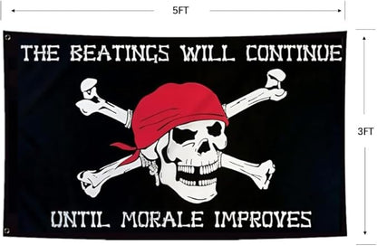 Pirtae Skull Flag 3X5Ft, Quote The Beatings Will Be Continue Until Morale Improves Flags, Double-Sided Printed, Funny Meme Flags, Men Women Banner, Fade Proof Vivid Color, Double Stitched with 2 Brass Grommets, Bar Garden Street Decoration, GYM, Office...