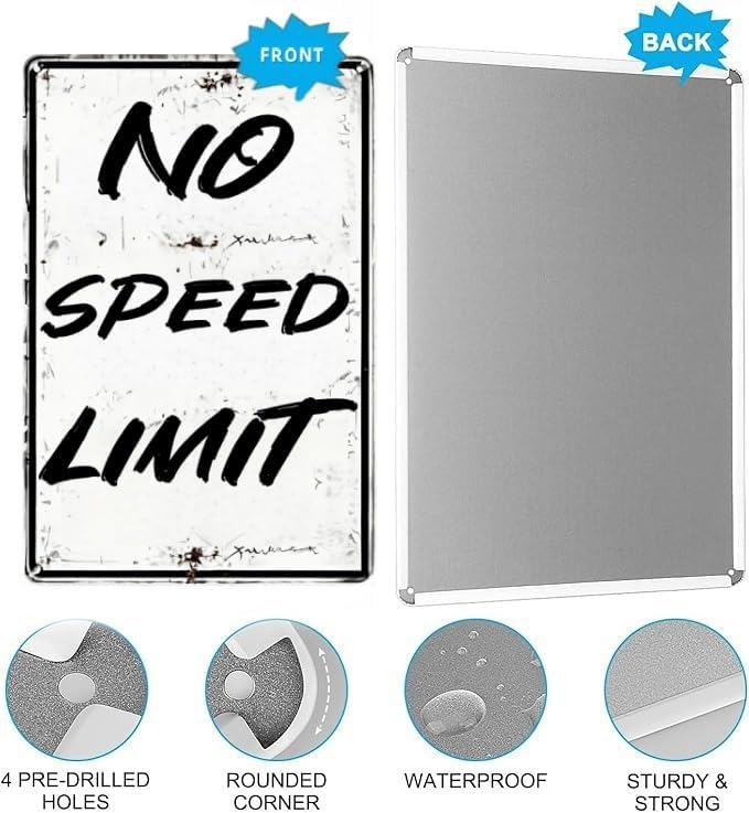 No Speed Limit Metal Sign – Rustic Tin Wall Decor for Boys’ Room, Car Enthusiasts, and Roadside Themes – 8 x 12 Inch