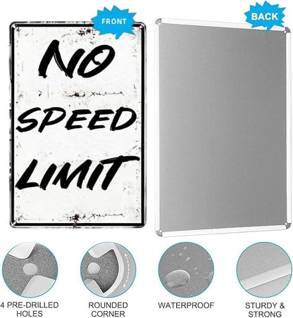No Speed Limit Metal Sign – Rustic Tin Wall Decor for Boys’ Room, Car Enthusiasts, and Roadside Themes – 8 x 12 Inch