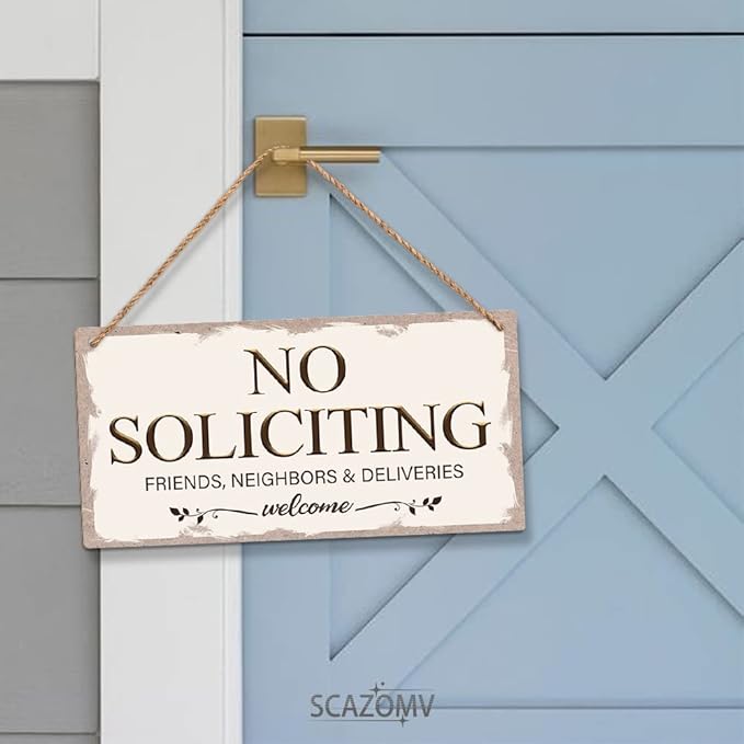 No Soliciting Family Friends Neighbors Deliveries Welcome Funny Rustic Wooden Front Door Sign Vintage Outdoor Wall Art Hanging Plaque for Porch Yard Store Home Farmhouse Decor 10''x 5''
