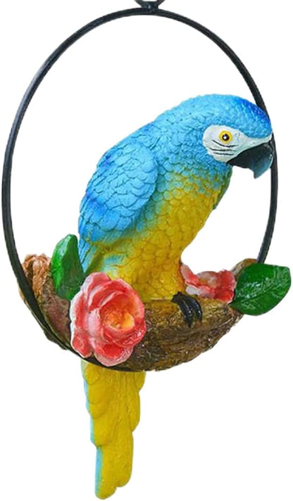 Hanging Parrot Garden Decor Resin Parrot Outdoor Decor Parrot on Perch Garden Sculpture Parrot Statue for Outdoor Garden Decorations Blue Garden.