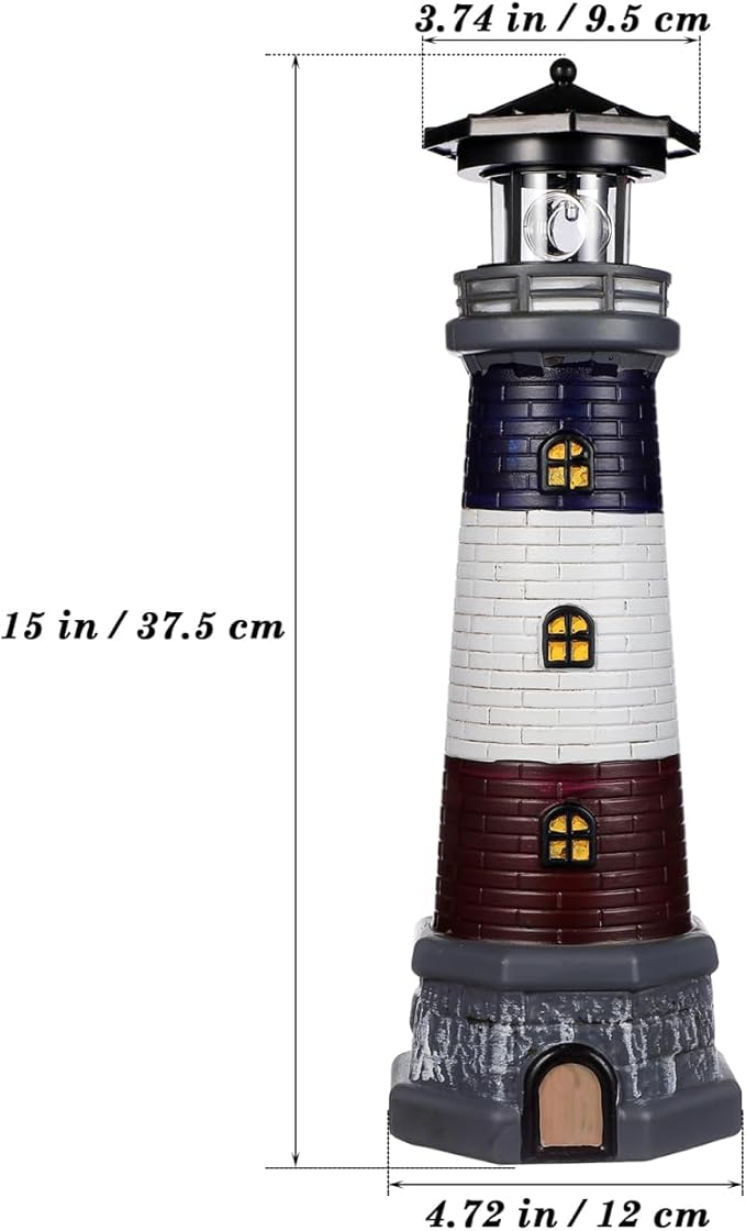 Solar Lighthouse Outdoor Statues, 360° Rotating Beacon Garden Lighthouse, 15" Light House for Outside Garden Yard Decor, Waterproof Resin Nautical Figurines for Patio Lawn Landscape Lighting (Black)