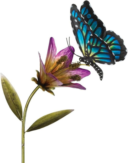 Regal Art & Gift Butterfly Flower Metal Garden Stake - Decorative Handcrafted Outdoor Metal Sculpture for Lawn, Patio & Garden Décor - Blue