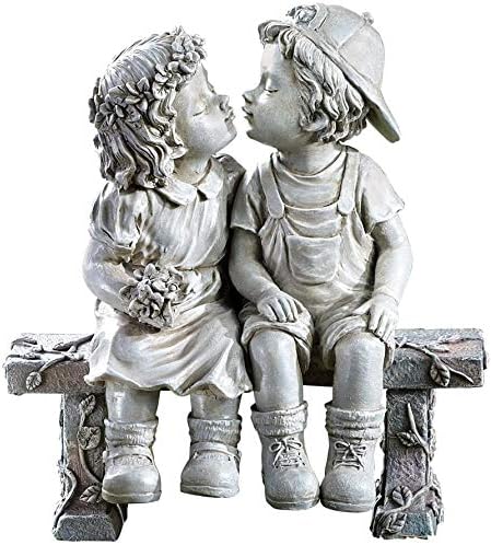 Lily's Home First Kiss Resin Garden Statue, Little Girl and Boy Kissing Yard Miniature Figurine,Small and Exquisite, 8 ¼ Inch