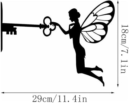 SBOMB Black Iron Art Decorative Metal Crafts, Sitting Fairy Silhouette Garden Statues Outdoor Art Statue for Patio Yard Lawn Tree Wall Deco (Fairy Key)