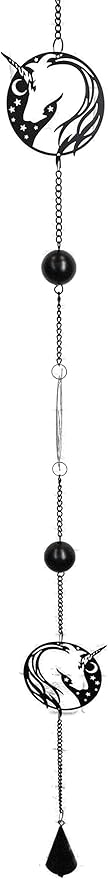 Ebros Gift Sacred Unicorn Horse with Moon and Stars Silhouette in Filigree Frame Black Coated Steel Metal Wall Hanging Wind Chime with Beads Home and Patio Decor Mobile Noisemaker