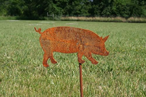 Pets and Farm Animals Metal Garden Landscape Stake (9" Wide Pig on Stake, Naturally Rusted)
