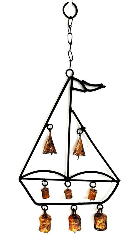 Nautical Sailboat Wind Chime – 8 Copper Bells – 19” Rustic Black & Copper Metal Garden Decor – Handcrafted Outdoor Hanging Chime for Porch, Patio, or Yard – Vintage Maritime Home Accent