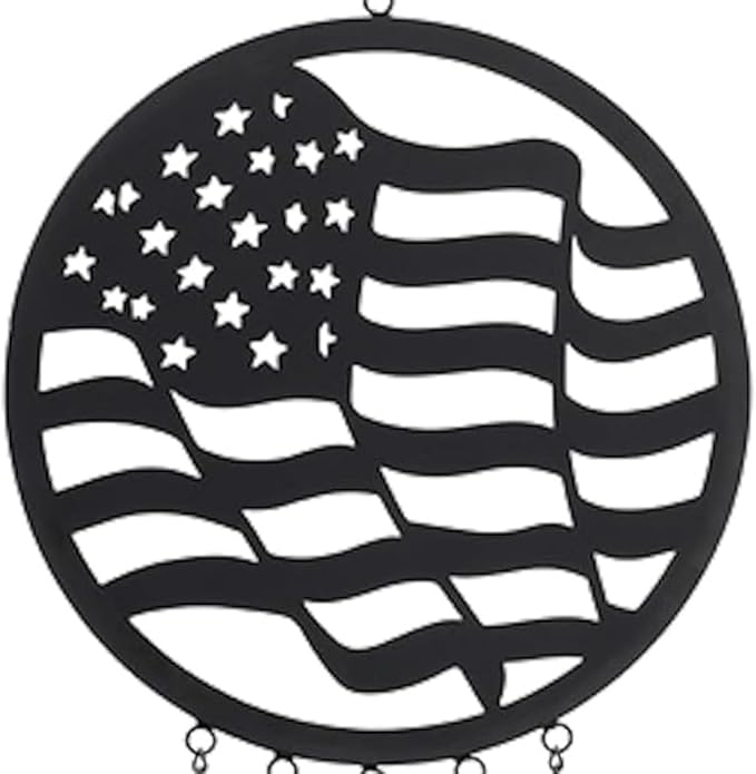 Carson 32" American Flag Silhouette Wind Chime - Black Metal Stars and Stripes Windchime - Outdoor Chimes for Garden, Patio, Porch