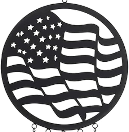 Carson 32" American Flag Silhouette Wind Chime - Black Metal Stars and Stripes Windchime - Outdoor Chimes for Garden, Patio, Porch