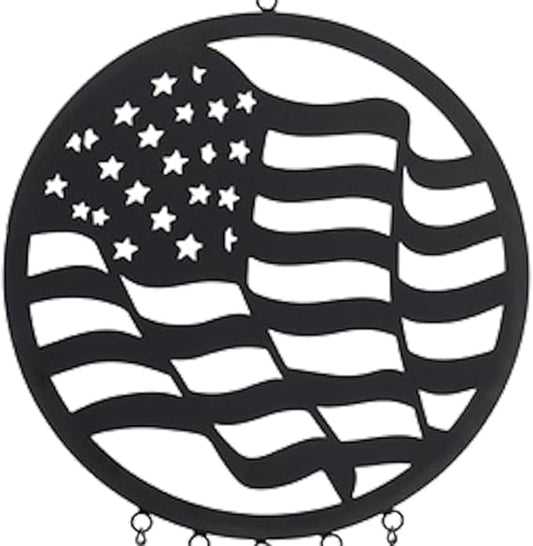 Carson 32" American Flag Silhouette Wind Chime - Black Metal Stars and Stripes Windchime - Outdoor Chimes for Garden, Patio, Porch