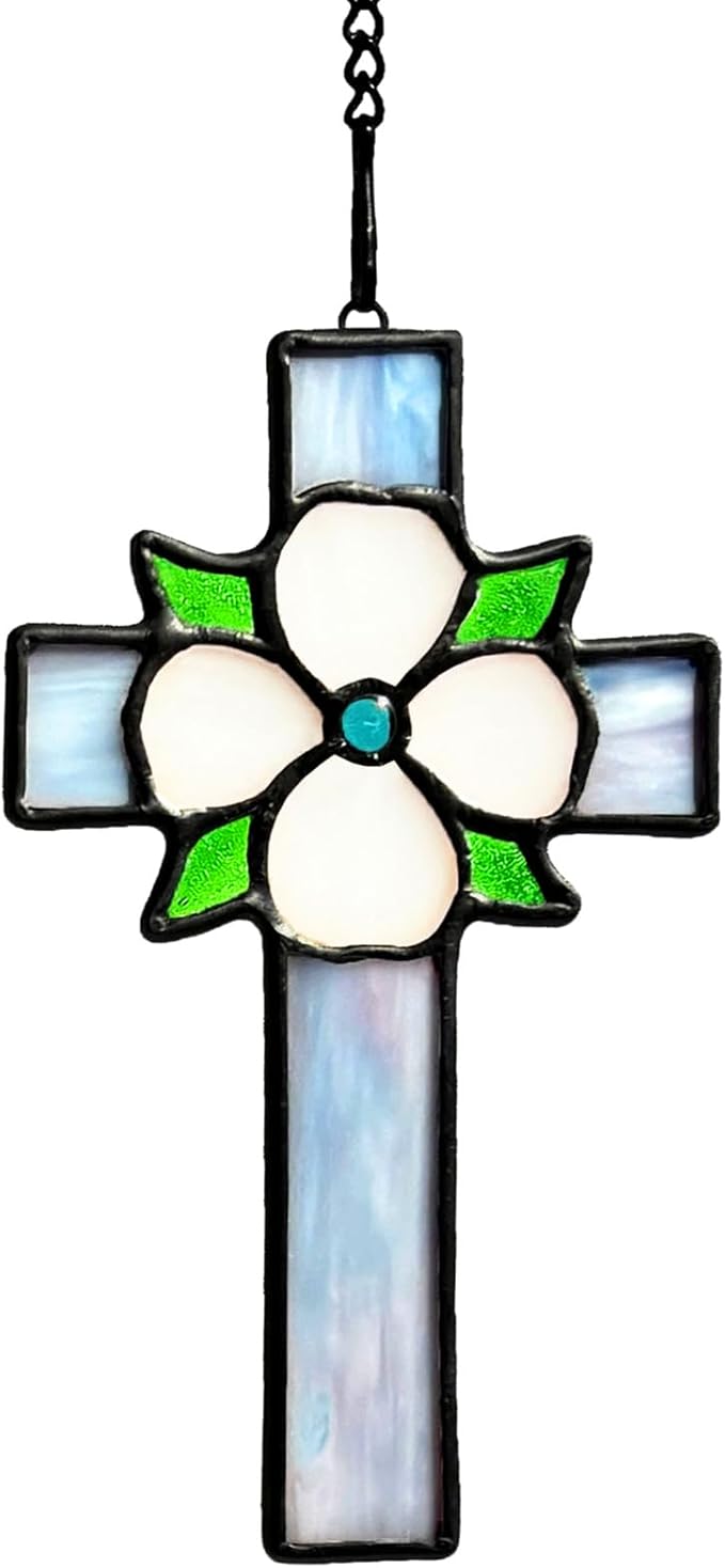 Stained Glass Flower Cross Decor Window Hanging for Baptism, First Communion Handmade Art Cross Suncatchers Religious Ornament Gifts for Women