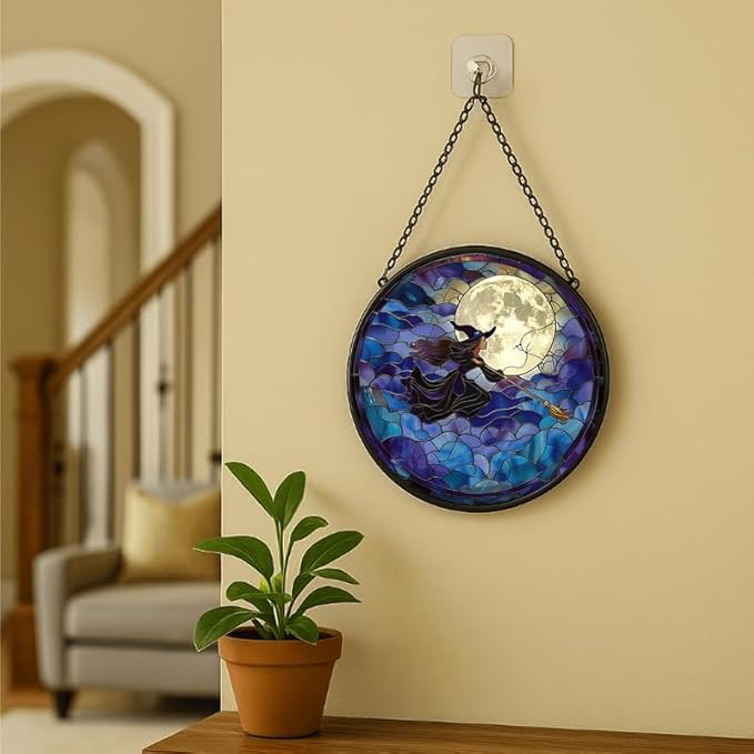 Stained Glass Window Hanging - Halloween 6.3in Flying Witch on Broom with Moon Sun Catchers Indoor Stained Glass Panels Wall Decor for Mom，Wife，Lovers，Festive