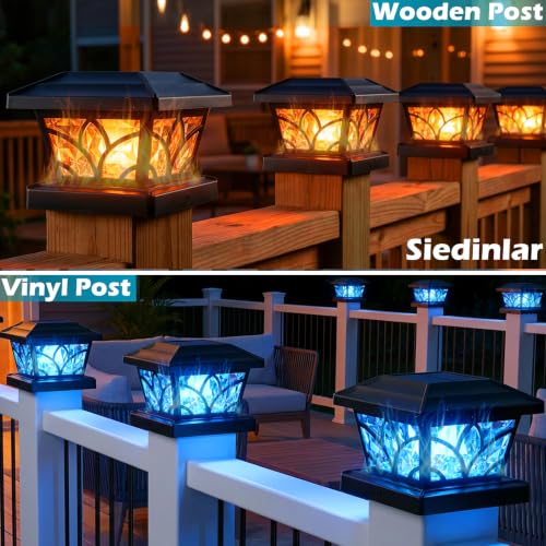 Solar Post Cap Lights - Flickering Flame, 4 Modes, 6 Pack (Black)
