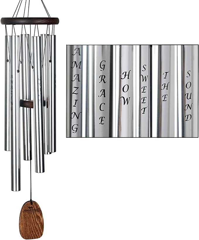Woodstock Wind Chimes for Outside, Garden, Patio, Porch and Outdoor Decor (25") Affirmation Chime Amazing Grace Silver Wind Chimes (AFASB)