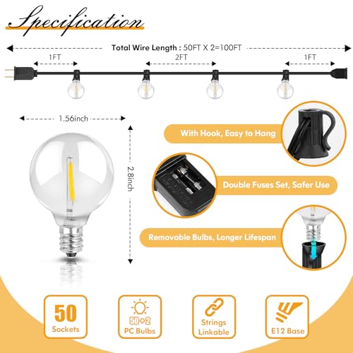 100FT LED String Lights - 52 G40 Dimmable Globe Bulbs, Waterproof
