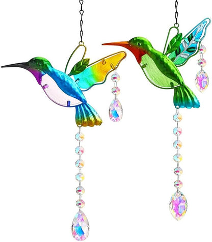 YU FENG 2PCS 18.1" Hummingbird Suncatchers,Stained Glass Window Hanging Ornament for Christmas Tree,Rainbow Maker Crystal Prism Suncatcher Outdoor Indoor Home Garden Party Decoration
