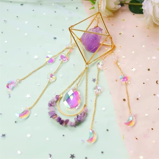Amethyst Suncatcher Crystal Boho Decor, St Valentine's Day Gift Spiritual, Purple Gemstone Sun Catcher Hanging for Windows, Birthstone Hanging, Raw Stone (Amethsyt)