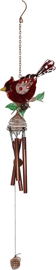 Ebros Gift Artistic Stained Glass Red Cardinal Bird Perching On Twig Branch Copper Metal Wind Chime 24.25" Long Hanging Mobile Outdoor Patio Garden Decor Accessory
