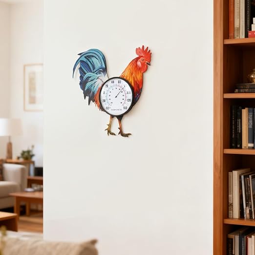 15" Rooster Outdoor Thermometer, Metal Indoor Wall Thermometer, Outside Thermometer with Large Number for Patio Home Room Decor
